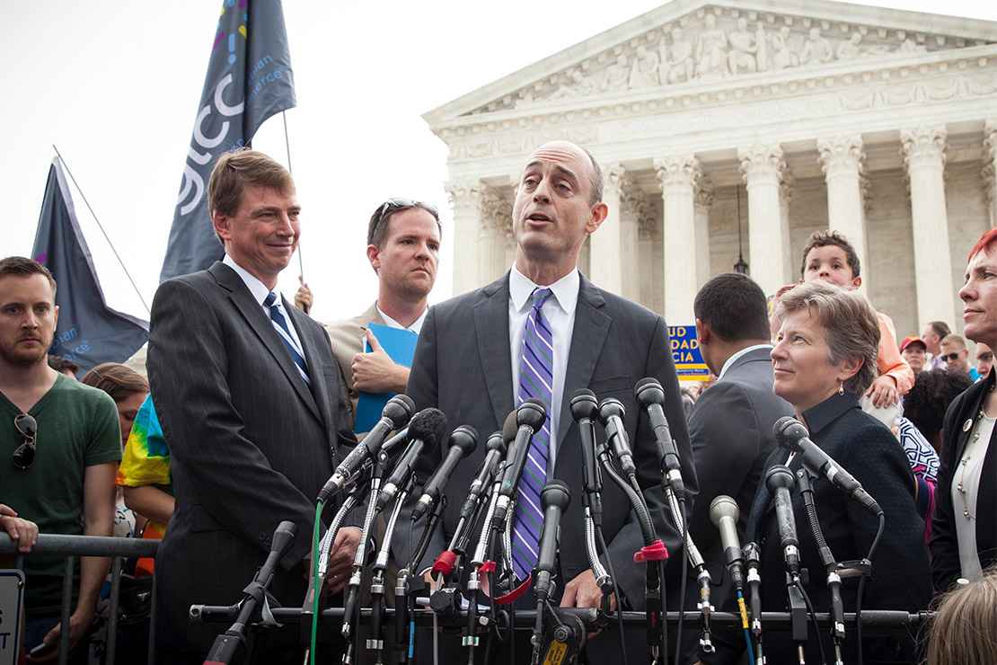 James Esseks speaking outside the Supreme Court.