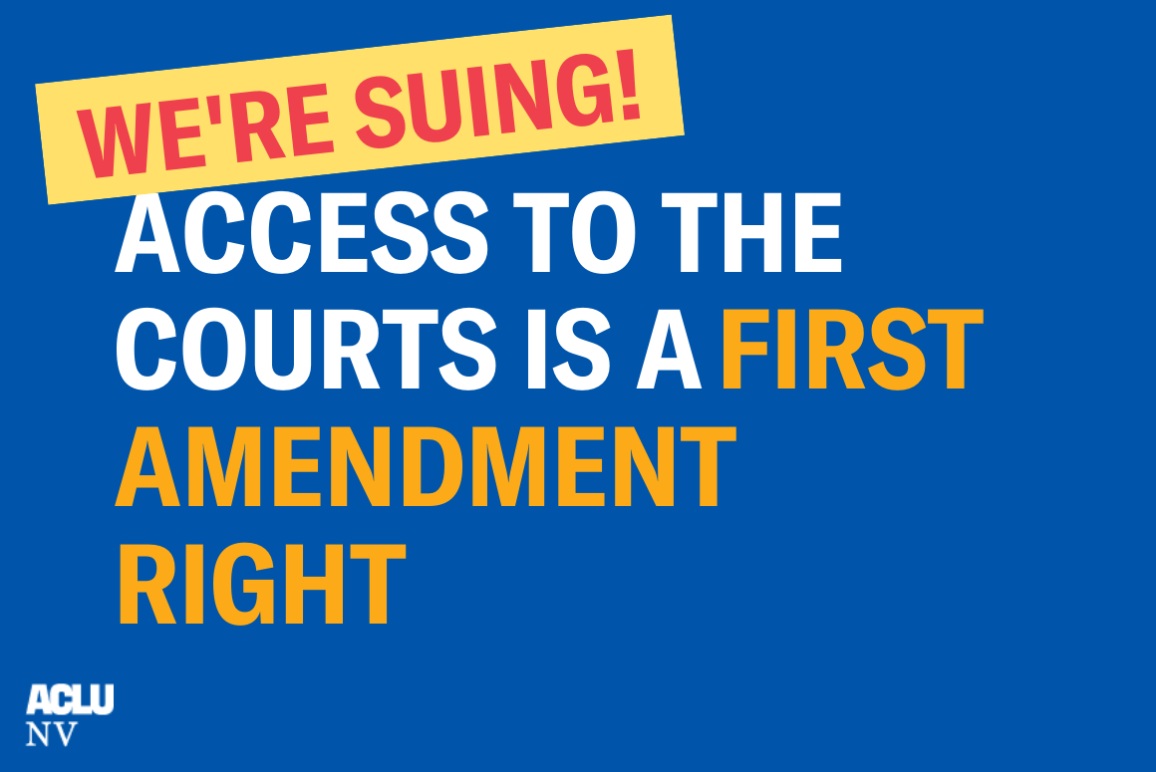 Graphic has a blue background with text overlays reading "We're suing! Access to the courts is a First Amendment right"