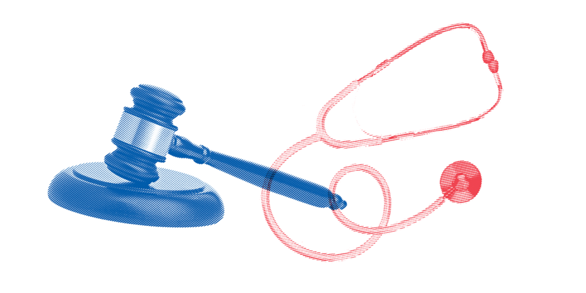 A blue gavel layered with a red stethoscope