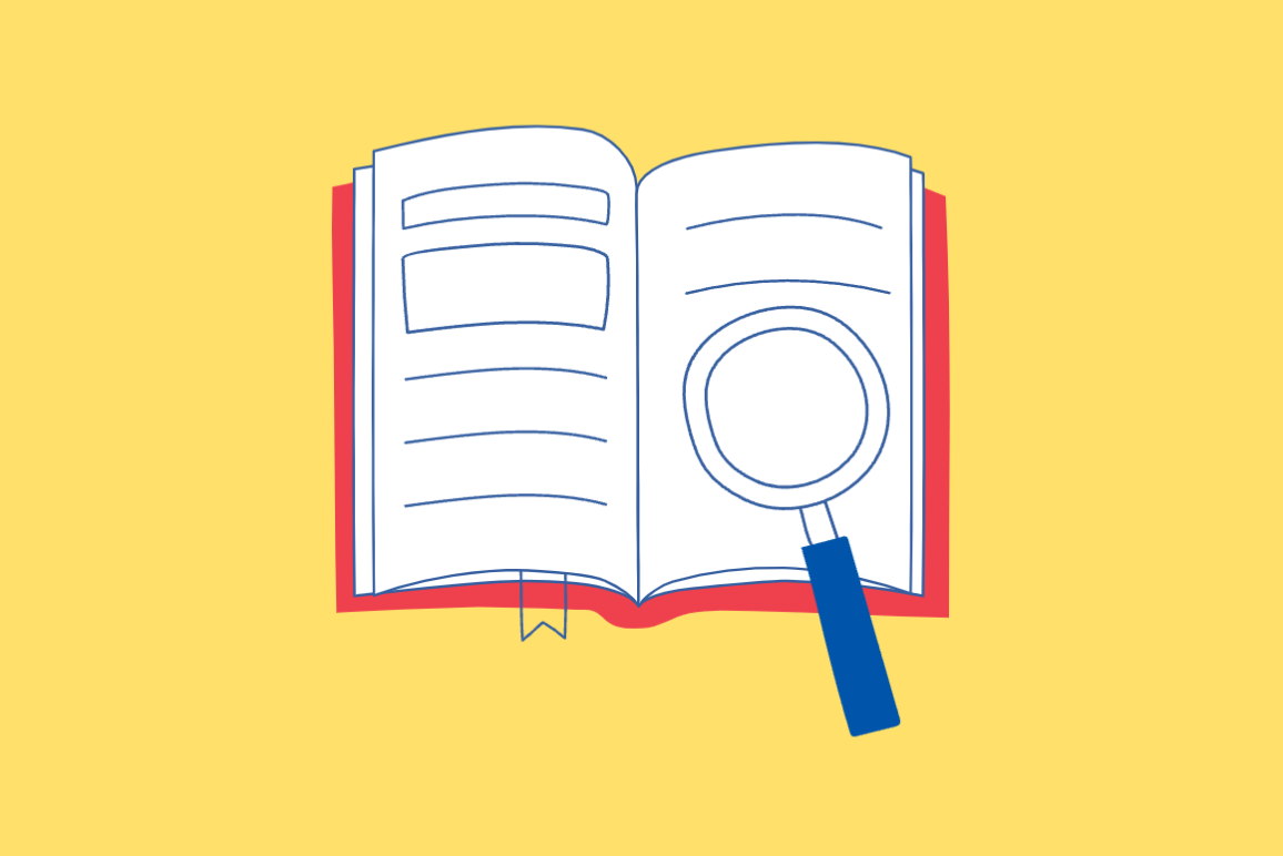 Light yellow background. Graphic of an open book with a magnifying glass.