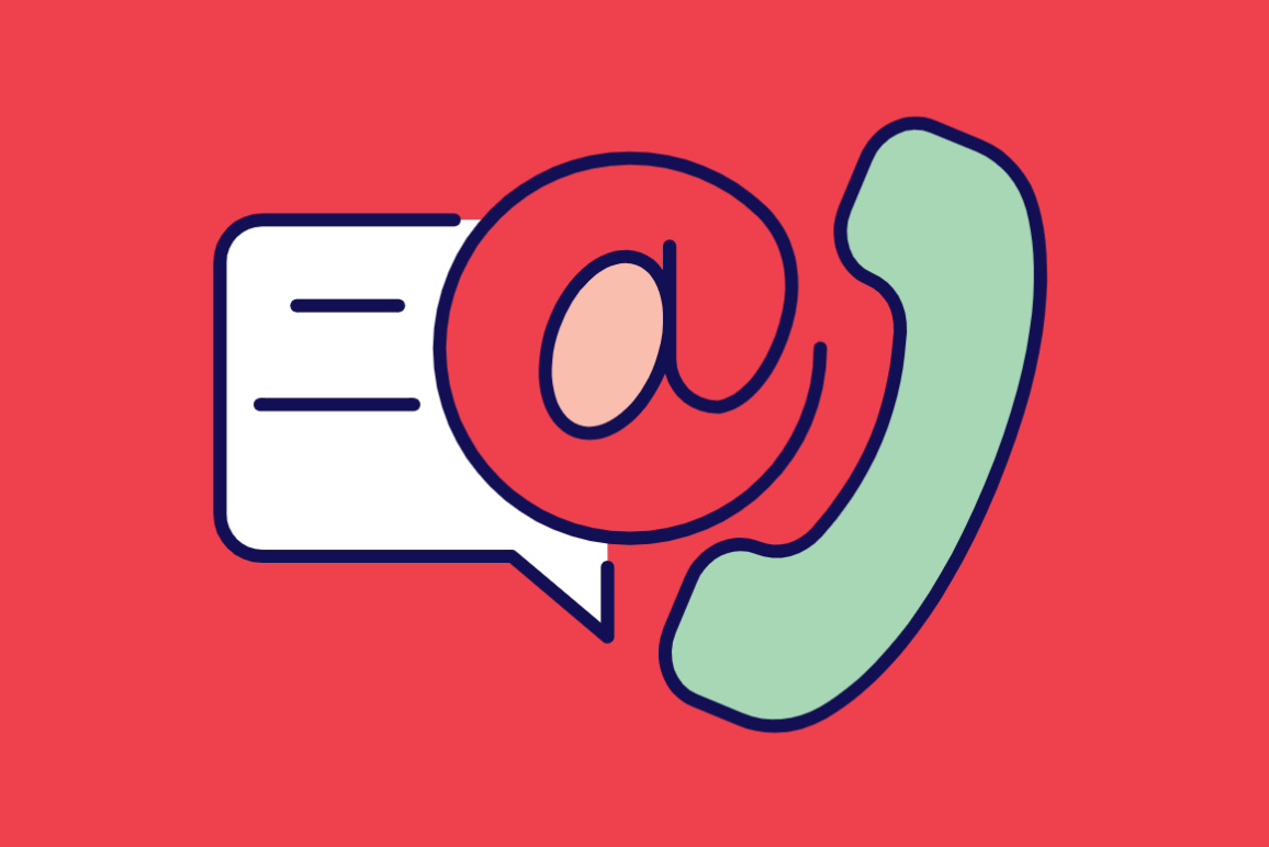 Red background. Graphic of white speech bubble, @ and telephone.