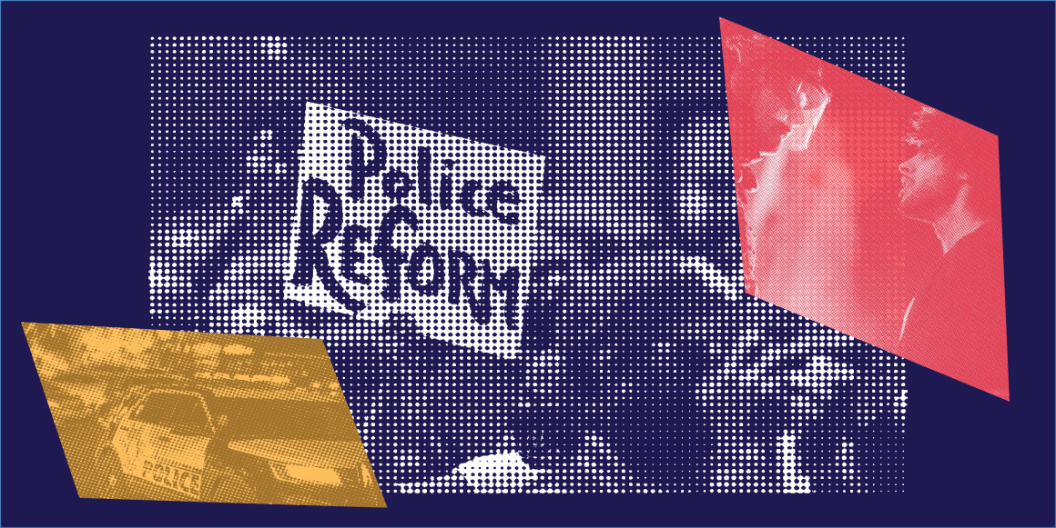 Police car, police reform protest sign, and police standing face to face with a person