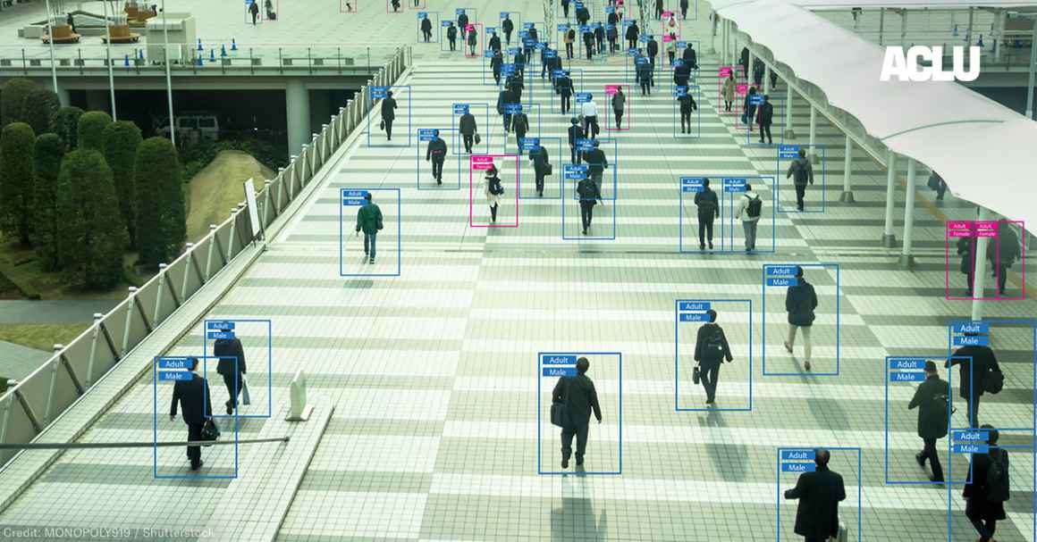 View of people from afar with human recognition markers around them