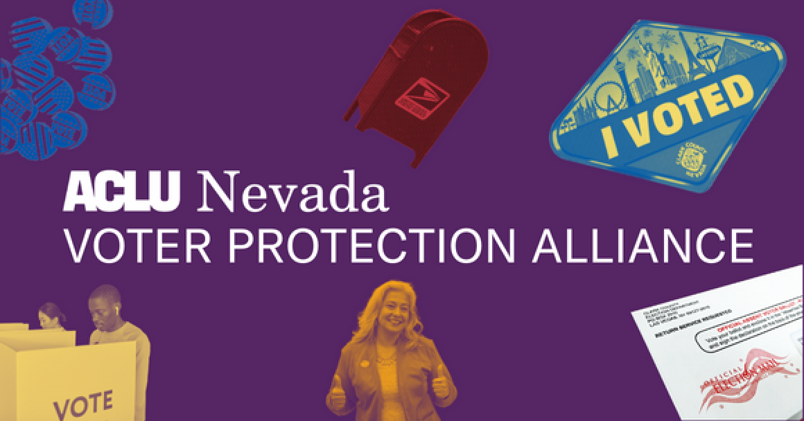 ACLU purple background. The white ACLU of Nevada logo in the middle and under it in white reads "Voter Protection Alliance." There are "i voted" graphics placed around the frame.