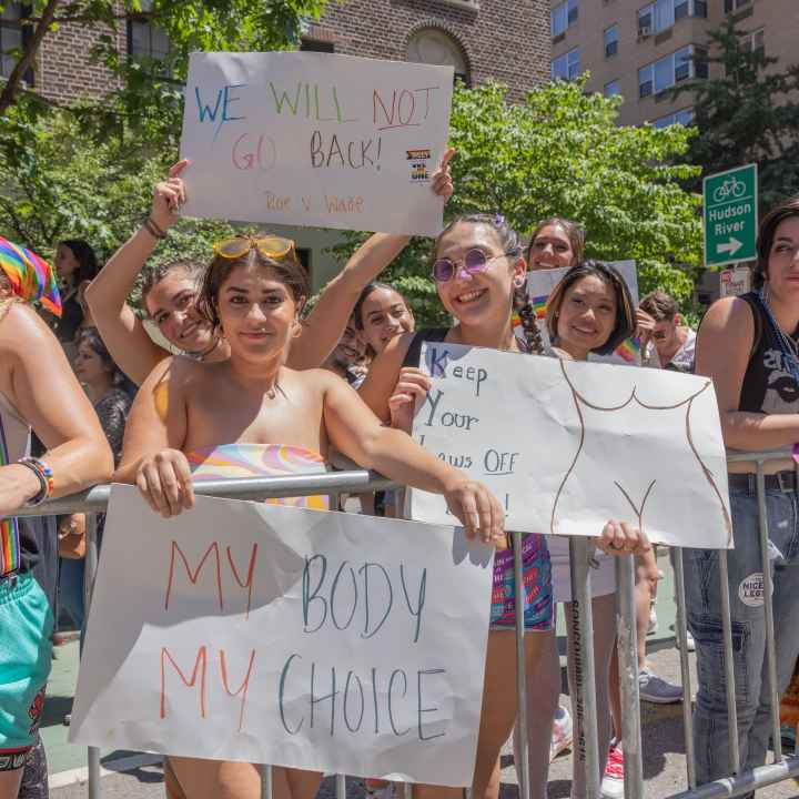 abortion protest with pride flags