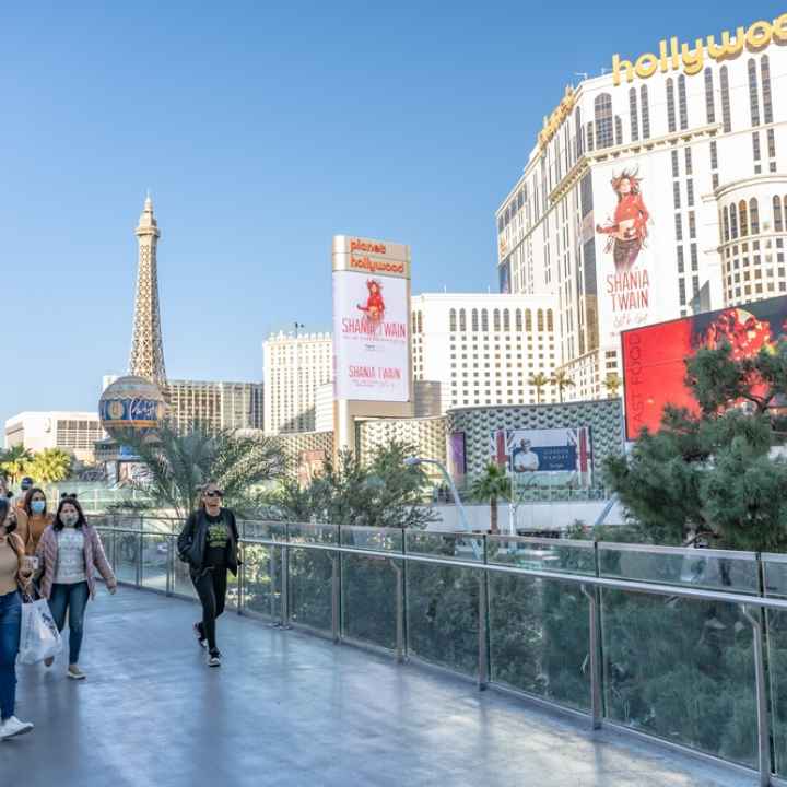 People walking on a bridge over the Las Vegas Strip.