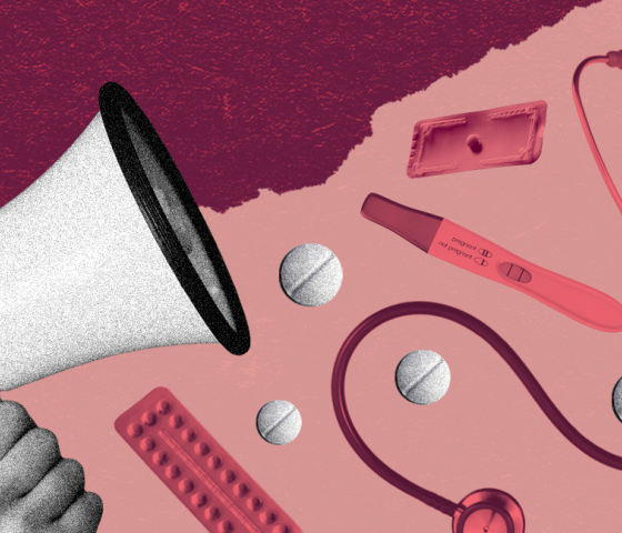A collage of a megaphone, birth control pills, a stethescope, and pregnancy test in maroon, pink, and ACLU red.