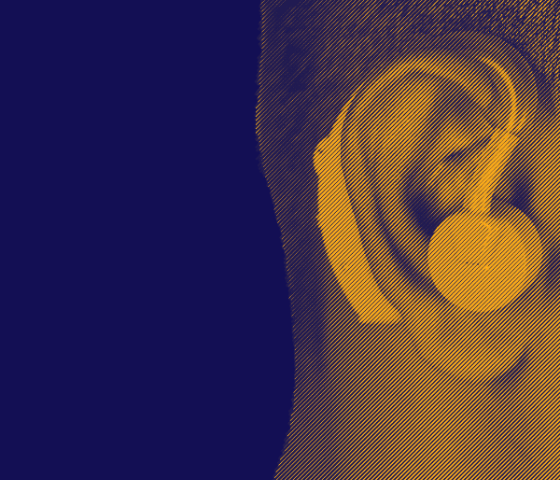 Blue and yellow image of a hearing aid on someones ear