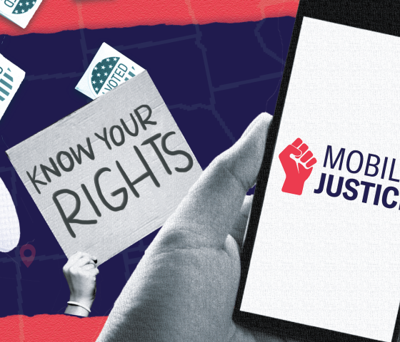 Graphic showing images of a megaphone and a "Know Your Rights" sign as well as a smartphone with "Mobile Justice" on the screen