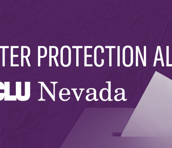 Purple background with shadow of hang putting ballot into box. White ACLU of Nevada logo, underneath it reads "Voter Protection Alliance ACLU Nevada".
