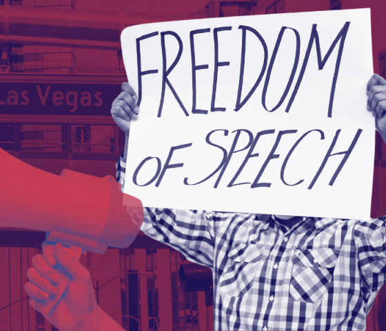 Person holding a protest sign that reads "freedom of speech." Red and blue duotone graphic of a megaphone. 