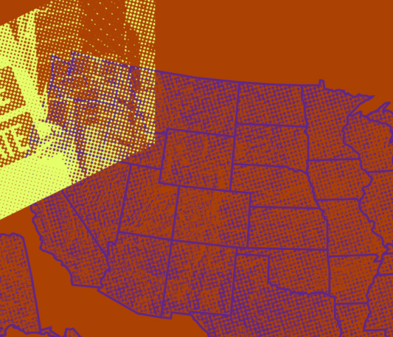 layered images of the united states map, a protest sign that says "demand justice, fight hate"